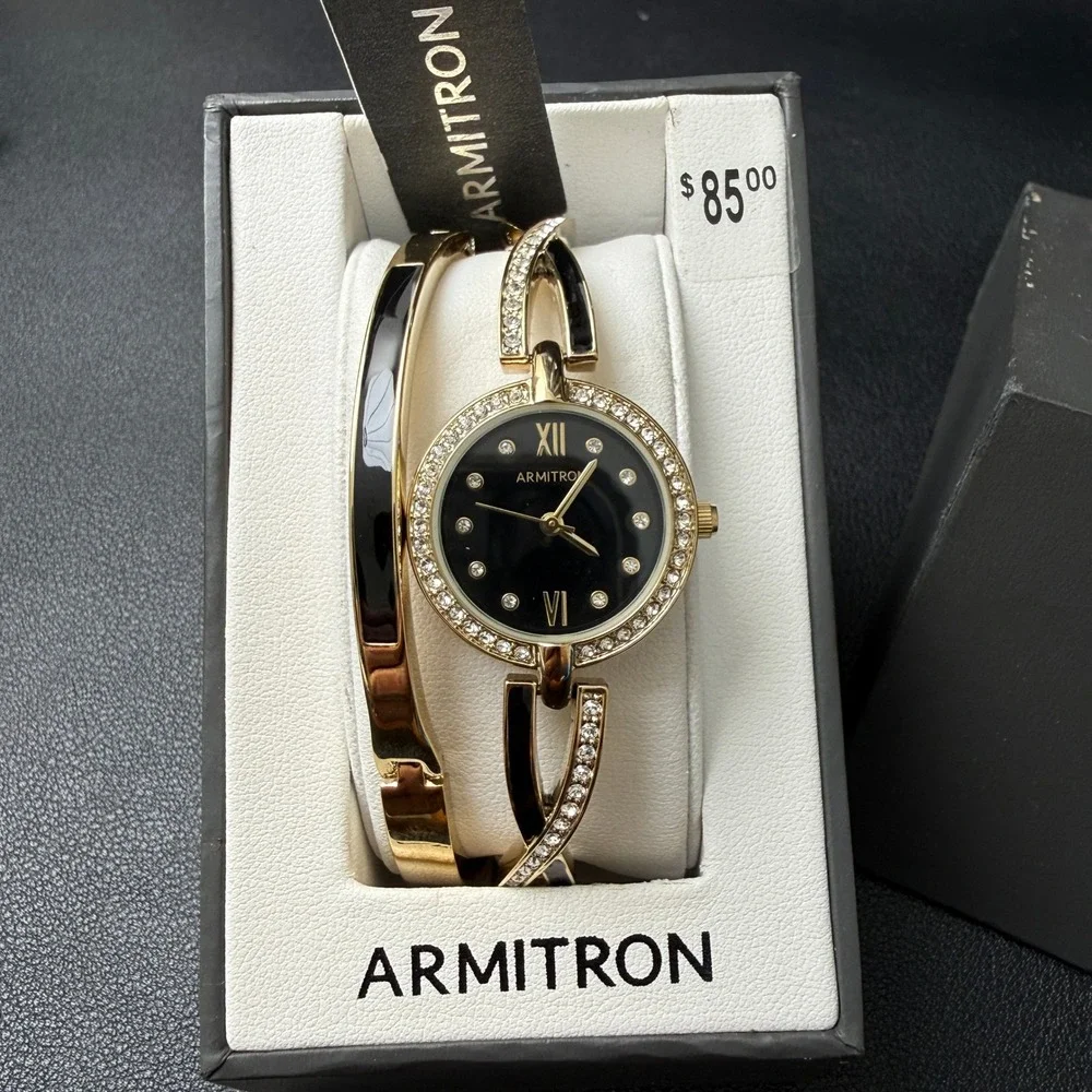 MSRP $85 Armitron 75/5720 Women's Gold/Black Tone Watch and Bracelet Set‎ New B